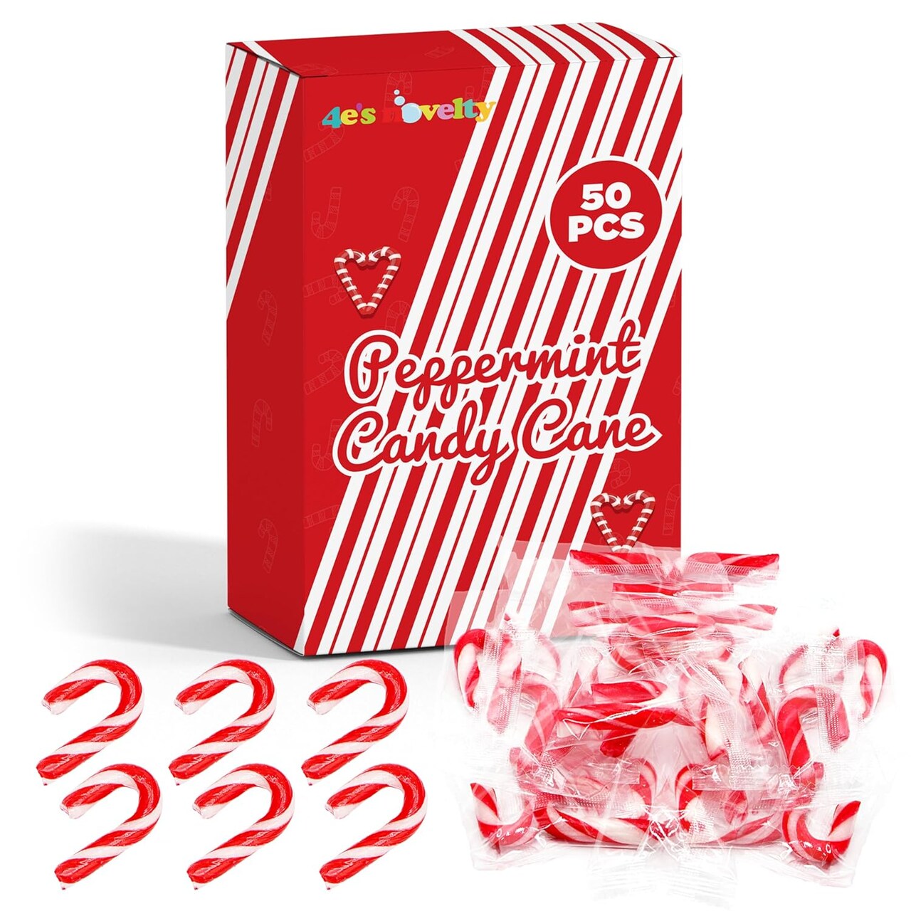 4E's Novelty 50 Pack Christmas Mini Individually Wrapped Candy Canes, Red and White Peppermint Candy Canes, Treats for Holiday Stockings and Family Sharing, Mini Christmas Candies for Occasions